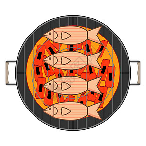 在圆形烤架上烧煤的炸鱼 白色背景的矢量插图图片