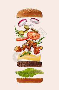 含火腿 牛肉切片 奶酪 蔬菜和绿色 特写 复制空间;在光粉红背景下 使用能飞的成份图片