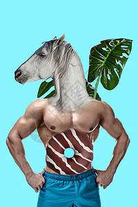 手持马头的男子 他拥有了一匹马的头生日动物艺术商业艺术品创造力身材身体蓝色男生图片