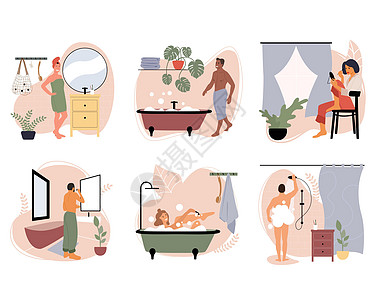 一套矢量插图 让人们在浴室做个人卫生和家庭日常例行工作;卫生间图片
