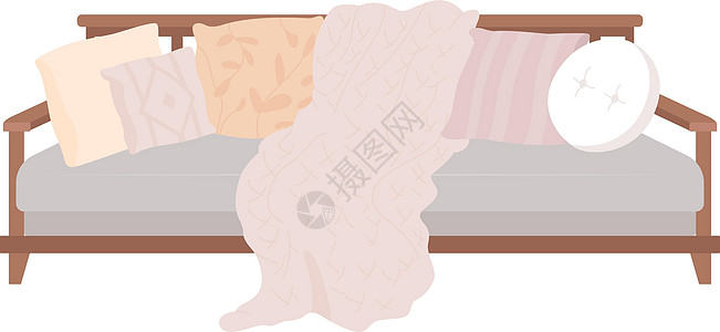 带枕头的可舒适沙发半平板彩色矢量项图片