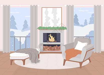斯堪的纳维亚客厅平板彩色矢量插图图片