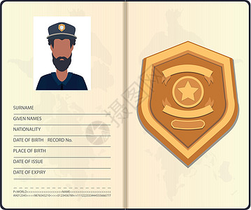 警方身份证件矢量图标平面隔离标识执法皮夹治安代理人星星文档案件钱包金属图片