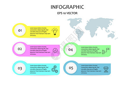 带有 5 个选项的信息图想法动机时间齿轮复选框完成目标成就图标时尚模板模板与详细步骤可编辑用于布局网页设计工作流图图片