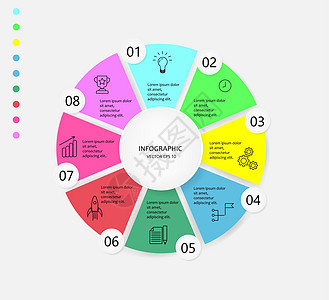 信息图表圈与 8 个选项启动业务计划想法动机时间齿轮复选框火箭完成目标成就图标时尚模板模板与详细步骤可编辑用于布局网页设计工作流图片
