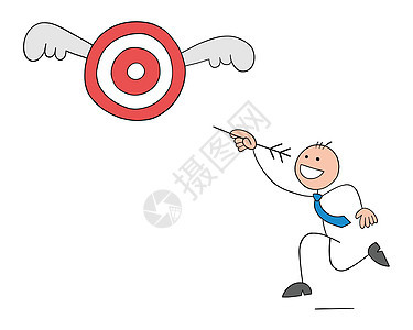 手持弓箭的棍棒商务人士追着翅膀飞牛的眼睛击中目标 手工绘制漫画插图大纲 标注矢量图片
