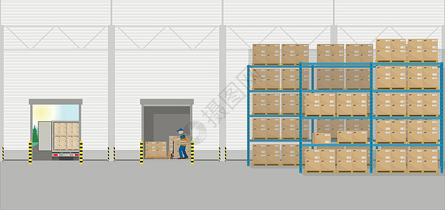 仓库或工业建筑 内部视图 内部 卸车仓库的工作 矢量图图片