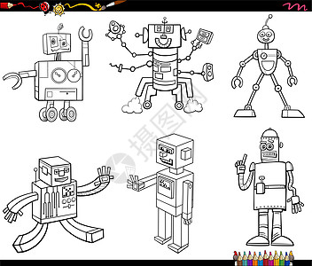 漫画机器人和机器人字符设置彩色书页颜色图片