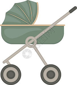 卡通风格的婴儿车 用于运送婴儿的绿色婴儿车 在白色背景上孤立的矢量图图片