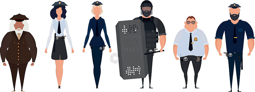一群警察 警察警察和警务人员在制服插图中的安全 女人和男人警察矢量字符团队卡通片权威专家犯罪代理人法律女孩蓝色女性图片