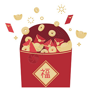 红包随金钱和金子爆炸 庆祝中国新年平底插图图片
