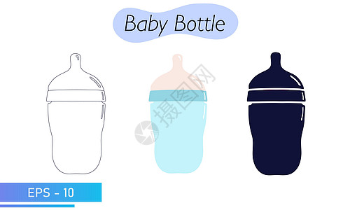 带奶嘴的婴儿奶瓶 在颜色 线条和实心填充方面 用混合物或牛奶喂养新生儿 儿童护理用品 图标 矢量图营养新生塑料测量孩子们育儿卡通图片