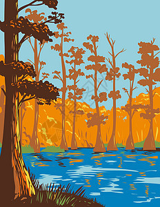 阿肯色州甘蔗溪湖北岸的甘蔗溪州立公园和海报艺术图片