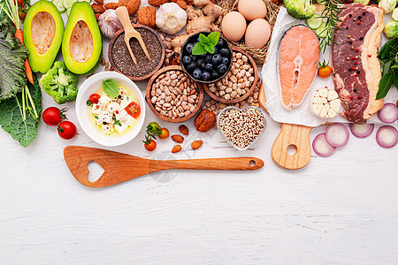 Ketogenous 低碳水化合物饮食概念 在白木本底设置的健康食品选择要素烹饪食物酮类健康饮食减肥营养美食排毒糖类核桃图片