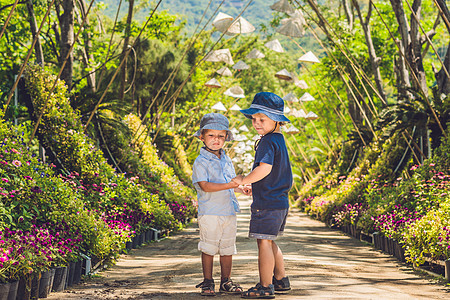 两个男孩 一个在越南旅行者 在越南戴帽子的背景之下奖学金幸福朋友们热情友谊工具男性相机男生太阳图片