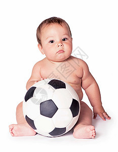 带着足球球的小孩 全靠白种背景喜悦护理婴儿幸福新生白色露齿儿童女孩童年图片
