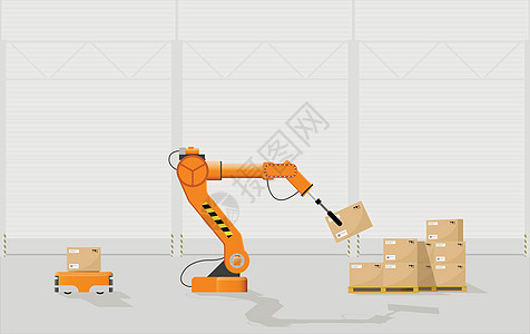 机器人手臂从机器人手推车上捡起盒子 放在货盘上 仓库自动化概念 矢量图解 (笑声)图片