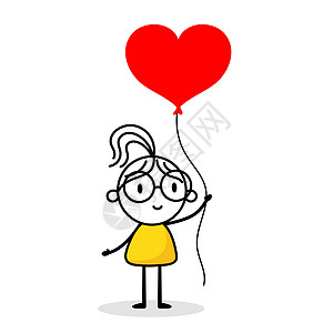 持有红色心脏气球的妇女孤立在白色背景上 手画涂鸦线的女性艺术 爱的概念 矢量存量图解图片