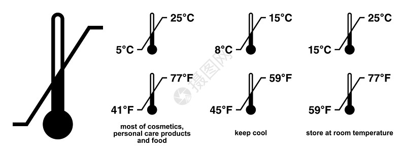 存储温度范围符号 带有对角线和度数符号值的黑色温度计图标 包括一些标准版本和图例图片
