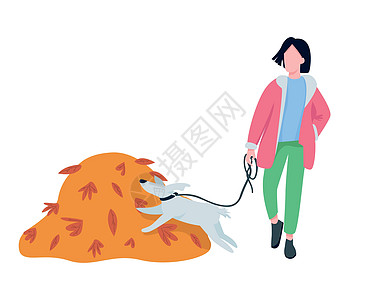 女人与宠物一起走在秋天半扁平色向量字符图片