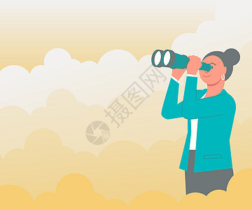 女人被云层包围 透过手持望远镜看到新的机会 户外女士使用双筒望远镜注视着未来的目标日落成功道路卡通片天空经理套装蓝色商业创造力图片