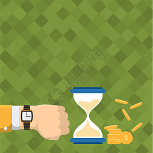 商务人士在手上使用手表显示沙漏指示有价值的措施 硬币旁边的各种时代测量设备描述时间等于金钱仪器人士闹钟卡通片绘画创造力跑表技术金图片
