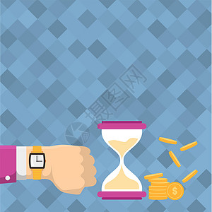 商务人士在手上使用手表显示沙漏指示有价值的措施 硬币旁边的各种时代测量设备描述时间等于金钱货币营销战略电脑技术金融办公室男人收藏图片