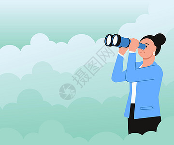 女人被云层包围 透过手持望远镜看到新的机会 户外女士使用双筒望远镜注视着未来的目标商业冒险创新创造力卡通片经理天空套装领导愿望图片