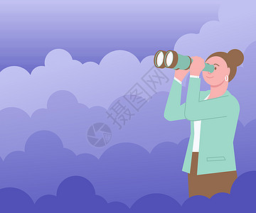 女人被云层包围 透过手持望远镜看到新的机会 户外女士使用双筒望远镜注视着未来的目标蓝色创新天空愿望预测风景人士创造力商务监视图片