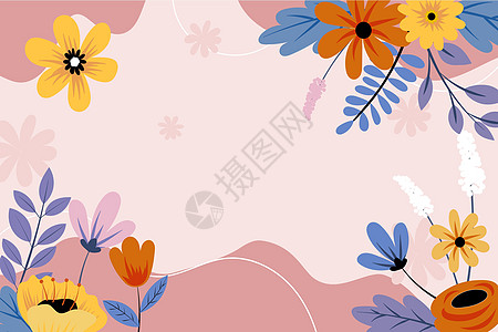 空白的框架装饰着抽象的现代化形式的花朵和叶子 空旷的现代边框被组织愉快的五颜六色的线条符号包围绿色图案蓝色墙纸雏菊风格计算机图形图片