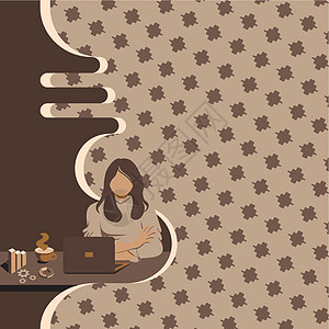 坐着喝咖啡的女人使用笔记本电脑在线会议讨论最新的项目目标图表 在计算机上工作的女孩 咨询有关未来广告计划的想法墙纸教育女性卡通片图片