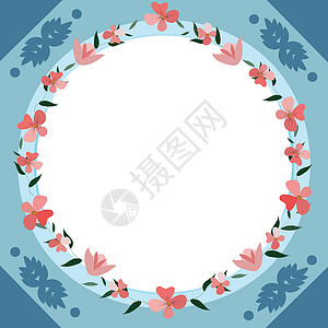 空白的框架装饰着抽象的现代化形式的花朵和叶子 空旷的现代边框被组织愉快的五颜六色的线条符号包围粉色植物图案庆典蓝色标签花圈设计创图片