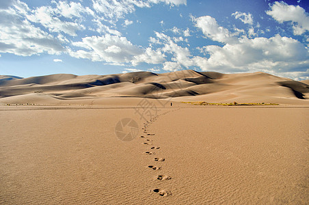 人类穿过沙漠走向沙丘 留下独特的脚印 在沙丘后面图片