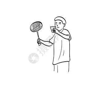 艺术一线男孩玩羽毛球 用拍打和穿梭孔雀在手上画插图 用白色背景孤立的矢量双手绘制图片