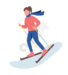 妇女滑雪半平板彩色向量字符女士运动季节动画片乐趣插图姿势活动骑士女性图片