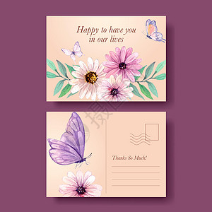 带有水彩色风格的 peri 泉花概念的挂卡模板植物织物植物学草地绘画花朵营销卡片邀请函蝴蝶图片