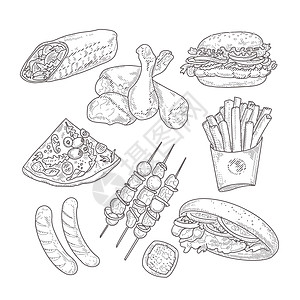 以雕刻的素描为风格的快餐收藏薯条草图午餐土豆热狗烧烤香肠小吃汉堡菜单图片
