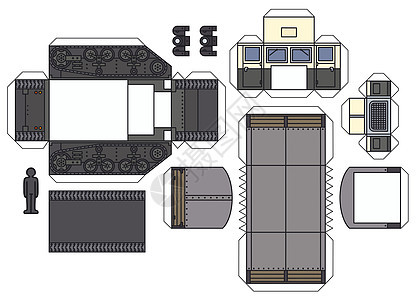 旧履带卡车的纸张模型拖拉机卡通片玩具奶油孩子们发动机车辆白色胶水插图图片
