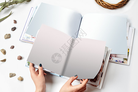 持有两本空白页 绿色树枝和白色背景上孤立的小石块的公开照片册的女性手 特写 复制空格(CEO)图片