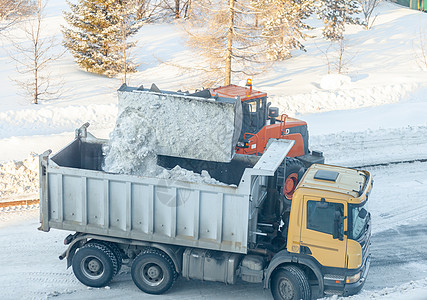 清扫和清理城市道路 以摆脱冬季的积雪降雪天气挖掘机暴风雪拖拉机打扫工作刮刀司机运输图片