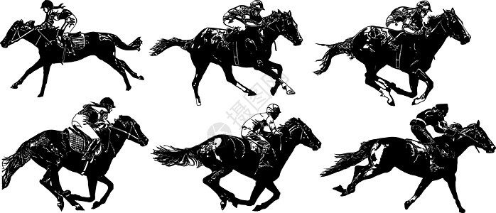 赛马和赛马骑手在赛马比赛中 孤立于白色背景骑手运动杯子赌注冠军竞赛跑步派对速度动物图片