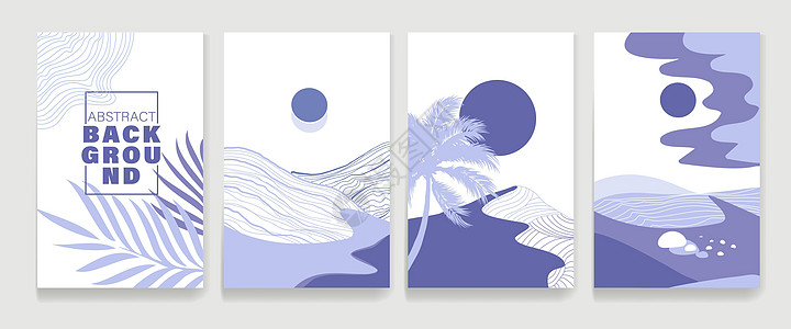 一套抽象的海报 一个封面 一个最小调色板设计非常准紫色草图植物紫丁香海浪装饰品墨水背景框架曲线图片