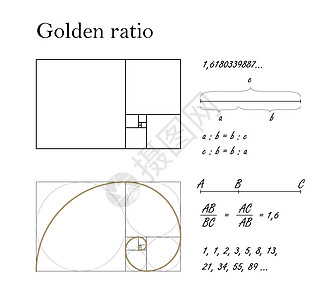 金比 黄金区段 金平均值或神圣比例矢量说明 非理性数字公式 艺术中的完美螺旋几何学图片