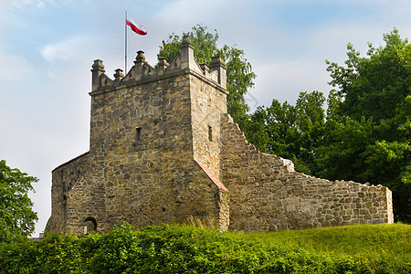 波兰Stary Sacz的地界标志墙壁石头地标城市历史城堡历史性建筑学建筑森林图片