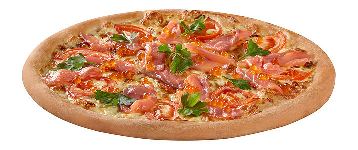 披萨加熏鲑鱼 红鱼子酱 奶油奶酪酱 熔化的马扎拉和西红柿图片