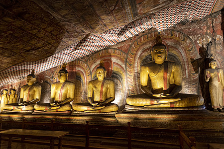 斯里兰卡 达姆布拉洞穴寺 佛像排成一排 下面的灯照亮地标观光雕塑游客吸引力历史石头纪念碑冥想遗产图片