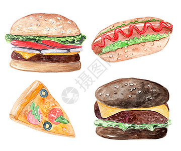水彩手抽取快餐 配有汉堡 披萨和热狗 白底孤立图片