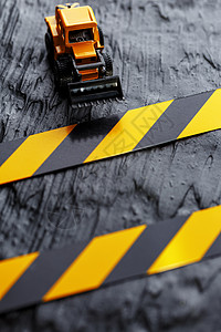 黑色背景纹理上的黄色玩具推土机 在CCCFT背景下的黑黄栅栏胶带工作挖掘机械橙子挖掘机运输乐趣力量工程装载机图片