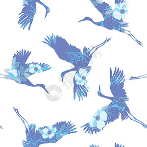 起重机图案矢量图制作图案打印丝绸插图墙纸樱花苍鹭风格翅膀绘画面料背景图片