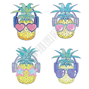 菠萝配有桑特拉斯和耳机 夏天的插座 矢量图图片